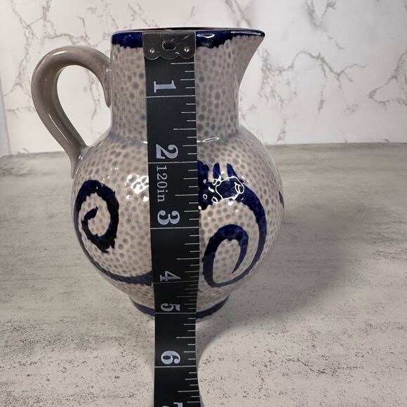 Vintage, Mid Century Scheurich Pottery Textured Gray/Blue Pitcher w/Handle Art - Picture 3 of 9